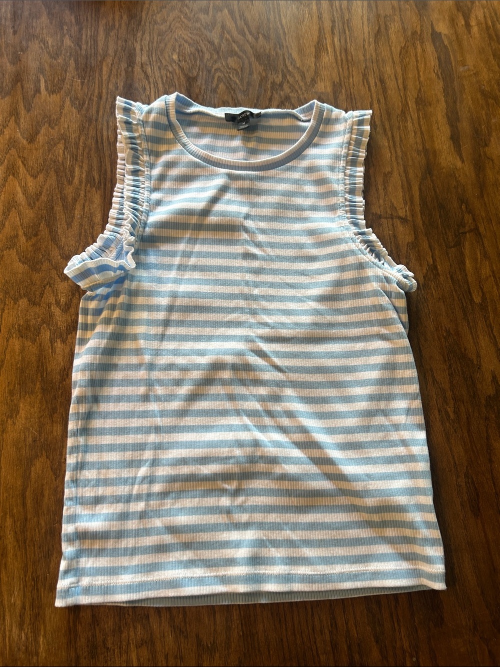 J. Crew Light Blue and White Striped Ruffle Sleeve Tank
